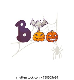 Boo lettering with web, pumpkin and bat. Halloween poster.