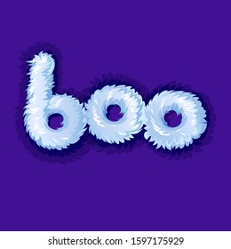 Boo logo. Funny ghost sign. White fur letters. Funny, baby icon for game or cartoon movie. Symbol for kids or toys.
