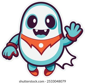 Boo mascot in retro style. Ghost with gloved hands. Hallowen sticker