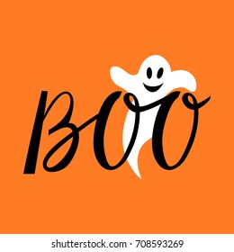 Boo Modern Inscription With A Ghost. Background For Halloween