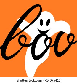 Boo modern inscription with a ghost. Background for Halloween