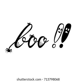 Boo modern inscription with a ghost and spider. Background for Halloween