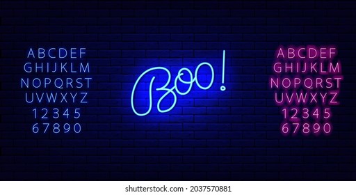 Boo neon brush lettering with glowing alphabet. Scary inscription. Happy Halloween banner. Night bright signboard. Outer glowing effect poster for bar and club. Isolated vector stock illustration