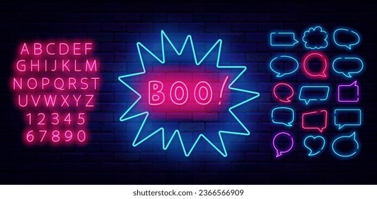 Boo neon label with explosion. Halloween party. Holiday celebration design. Speech bubbles frames set. Scary event. Shiny pink alphabet. October advertising. Editing text. Vector stock illustration