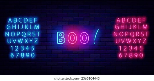 Boo neon label. Halloween party. Colorful handwritten text. Holiday celebration design. Scary event. Shiny blue and pink alphabet. October advertising. Editing text. Vector stock illustration