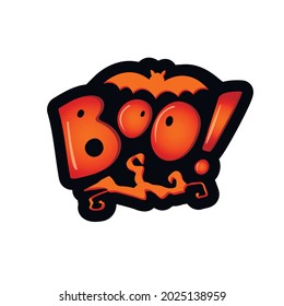 Boo!, orange letters with a twisted tree branch and a bat and shadow on the white background. Vector illustration. Hand digital lettering for a banner, poster, greeting card, and invitation.Halloween.