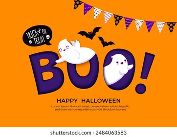 Boo paper cut Halloween holiday banner with funny ghosts and bats, cartoon vector. Horror night and trick or treat party kids background with cute kawaii ghosts, skull bones and Halloween flags