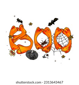 Boo with pumpkins, cobwebs and spiders. Tiger print. Halloween illustration suitable for greeting cards, posters, banners, textile print and gift design.