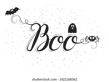 Boo quote with bat, ghost and spider. Halloween design letter poster or text banner. Vector isolated october calligraphy lettering.
