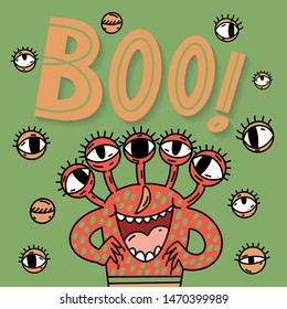 Boo quote doodles lettering with cute cartoon monster character. Happy Halloween day concept in vector. Holiday greeting card, poster, banner isolated design element.