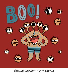 Boo quote doodles lettering with cute cartoon monster character. Happy Halloween day concept in vector. Holiday greeting card, poster, banner isolated design element.