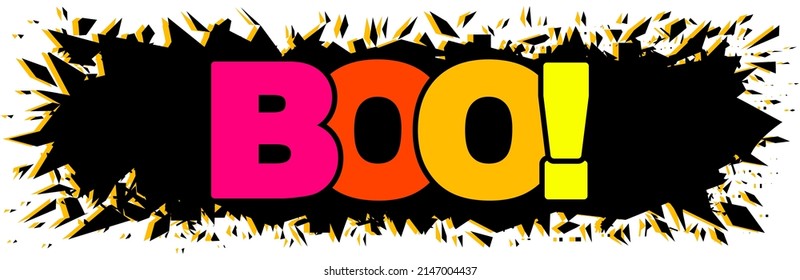 BOO rainbow text on black explosion background. Blast comic word, BOO! lettering, bang print, colorful pop art vector illustration