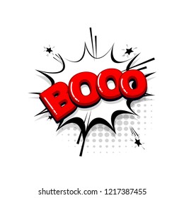 Boo scare comic text collection sound effects pop art style. Set vector speech bubble with word and short phrase cartoon expression illustration. Comics book red colored background template.