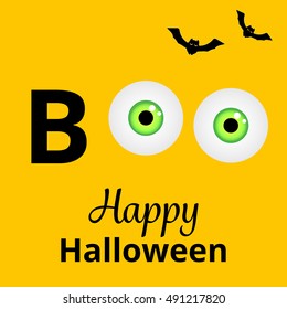 Boo with scary eyes Halloween card. Spooky background. Vector illustration