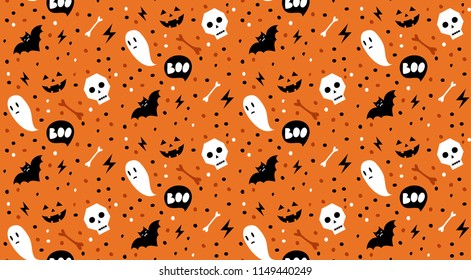 Boo! Seamless vector halloween pattern with skulls, bats, bones and ghosts.