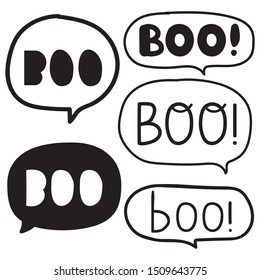 Boo. Set of speech bubbles for halloween holiday. Hand drawn vector illustration on white background.