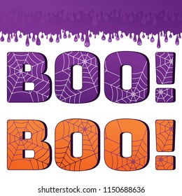 Boo sign flat vector cartoon illustration. Typography with text for design of cards and greeting cards, advertising and sales for Halloween. Objects isolated on white background.