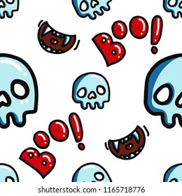 Boo and skull halloween seamless pattern. Cartoon comic festive wallpaper. Halloween kids wrapping paper. Colourful cute background. 
