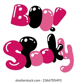 Boo spooky inscriptions for pink Halloween isolated on a white background. Pink and black inscriptions inflated like balloons. Flat illustration with highlights. Printing as stickers