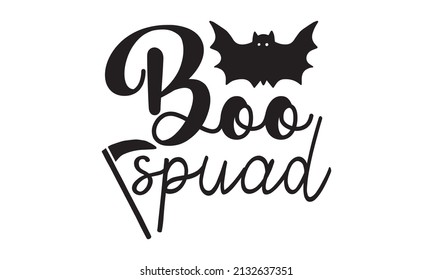 Boo spuad - horizontal banner with a vector logo on a black background. HAPPY HALLOWEEN, Trick or Treat. The inscription Good for the monochrome religious vintage label, badge, crest  for flayer