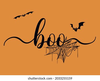 Boo svg vector Illustration isolated on white background. Boo shirt design. Halloween quote svg. Boo phrase with spider web and bat