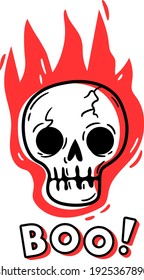 Texto de boo. Calavera de caricatura en llamas rojas. Ilustración de vectores aislada