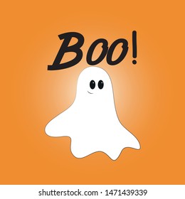 Boo text, cute little flying Ghost. Smiling face, hand drawn. Orange background   happy and funny. 