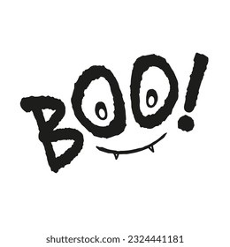 Boo text with eyes and smile, Halloween message, black on white background, editable lettering doodle design