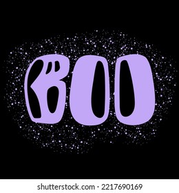 Boo text with eyes vector illustration. Halloween lettering with scary face and textured background. Typography design for print, greeting cards, stickers.