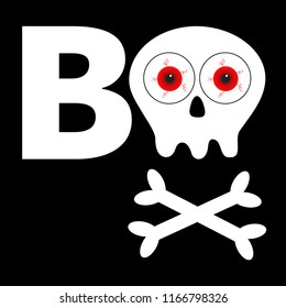 Boo text. Happy Halloween. Skull with bone crosswise icon shape. White crossbones. Skeleton body part Red eyeballs Cute cartoon simple character Pirate flag element Black background Flat design Vector