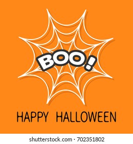 Boo text. Spider round web. Cobweb white. Decoration element. Happy Halloween card. Flat design. Orange background. Vector illustration