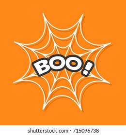 Boo text. Spider round web. Cobweb white. Decoration element. Happy Halloween Greeting card. Flat design. Orange background. Vector illustration