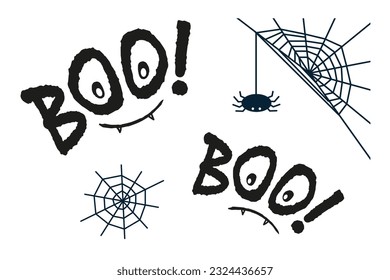 Boo text and spider web Halloween greeting card, black on white background, editable lettering doodle design