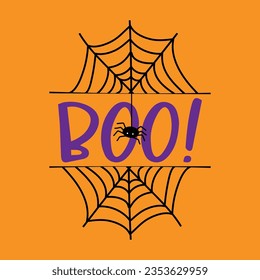 Boo - text and spiderweb and spider. Good for template, T shirt print, greeting card, poster, label, and other decoartion for Halloween.