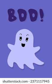 Boo text. Vector Poster. Cute Halloween Ghost on Blue Background with Lettering. Greeting Card in Flat Cartoon style