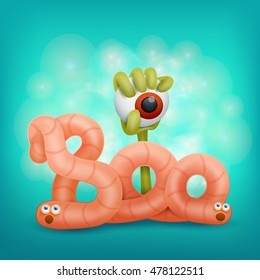 Boo title halloween card with worm zombie hand and eye. Vector illustration