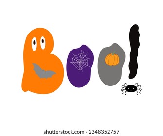 Boo! Traditional Halloween scary phrase holiday design element quote for poster, greeting card, invitation, cartoon style handwritten word, cute lettering for kids