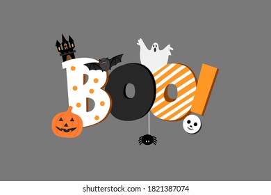 Boo typography design with Halloween elements isolated on grey background 