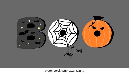 Diseño de tipografía boo con elementos de Halloween murciélago, araña, tela y calabaza aislados en fondo gris oscuro. 