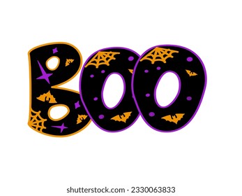 Diseño de tipografía boo con elementos de Halloween aislados en fondo blanco. Ilustración del vector