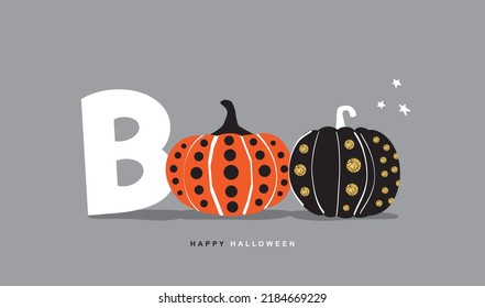 Boo typography design with Halloween pumpkin isolated on grey background.