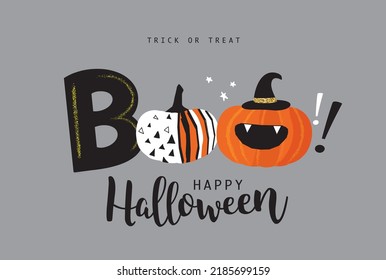 Boo typography design with Halloween pumpkin isolated on grey background.