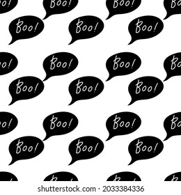Boo typography design seamless pattern in doodle style on white background for Halloween fashion print, gift wrapping paper, wallpaper etc.
