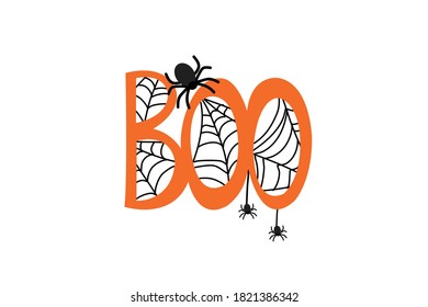 Boo typography design with spider and web vector isolated on white background 