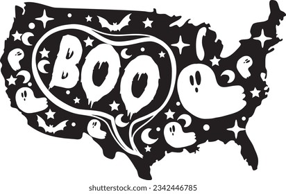 Boo USA Map Cute Halloween Ghost Doodle Typography T Shirt Design
