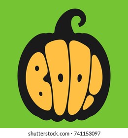 Boo! Vector illustration yellow contour letters - hand drawn circle Halloween lettering on black pumpkin silhouette isolated on green background for your holiday design.