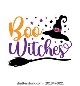 Boo witches - funny phrase for Halloween, with broom stick and witch's hat on white background. Good for T shirt print, poster, card, label, and other gifts design. Holiday quote.