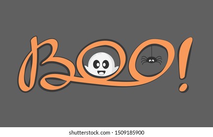 Boo! Word Boo text with spider, cute ghost. Happy Halloween greeting card. Boo sign. Lettering, poster, banner design concept. Vector illustration isolated on dark background