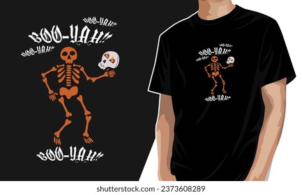 boo yah text with skeleton holding head scary halloween t-shirt design