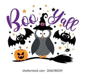 Boo Y'all - happy Halloween greeting, with cartoon owl, bats, pumpkin, spider, and broomstick.
Good for greeting card, poster, textile print, party invitation and other decoration for Halloween.